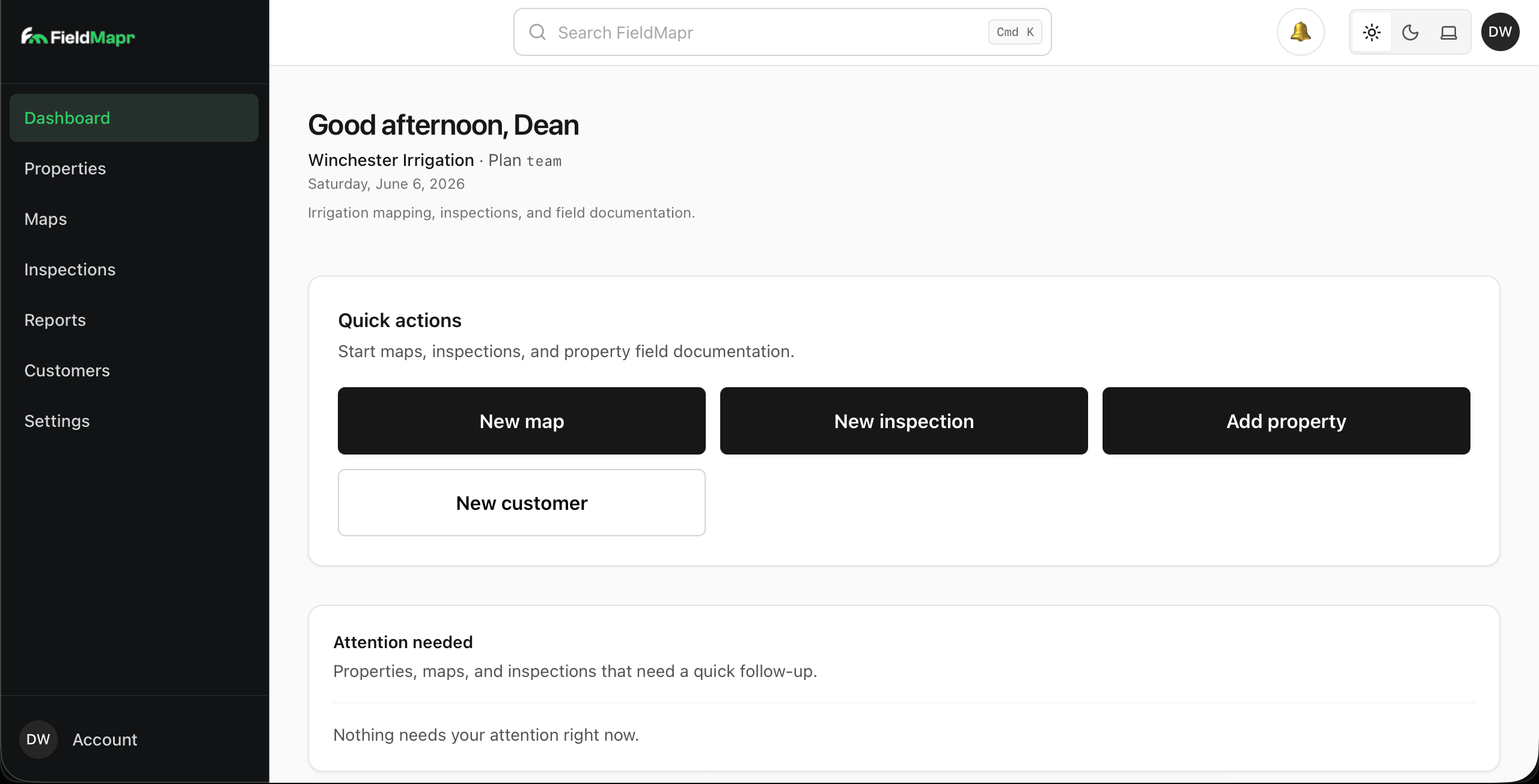FieldMapr dashboard with quick actions and an attention-needed feed