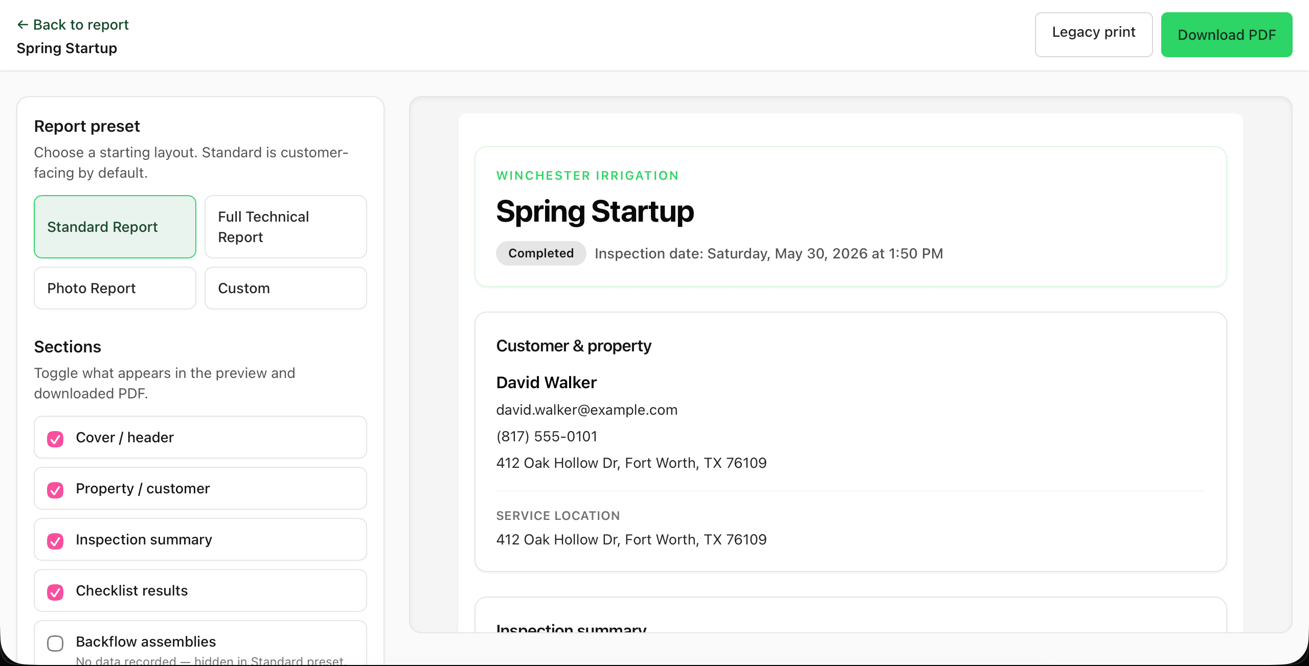 FieldMapr inspection report builder with report presets, section toggles, and a live PDF preview of a spring startup report