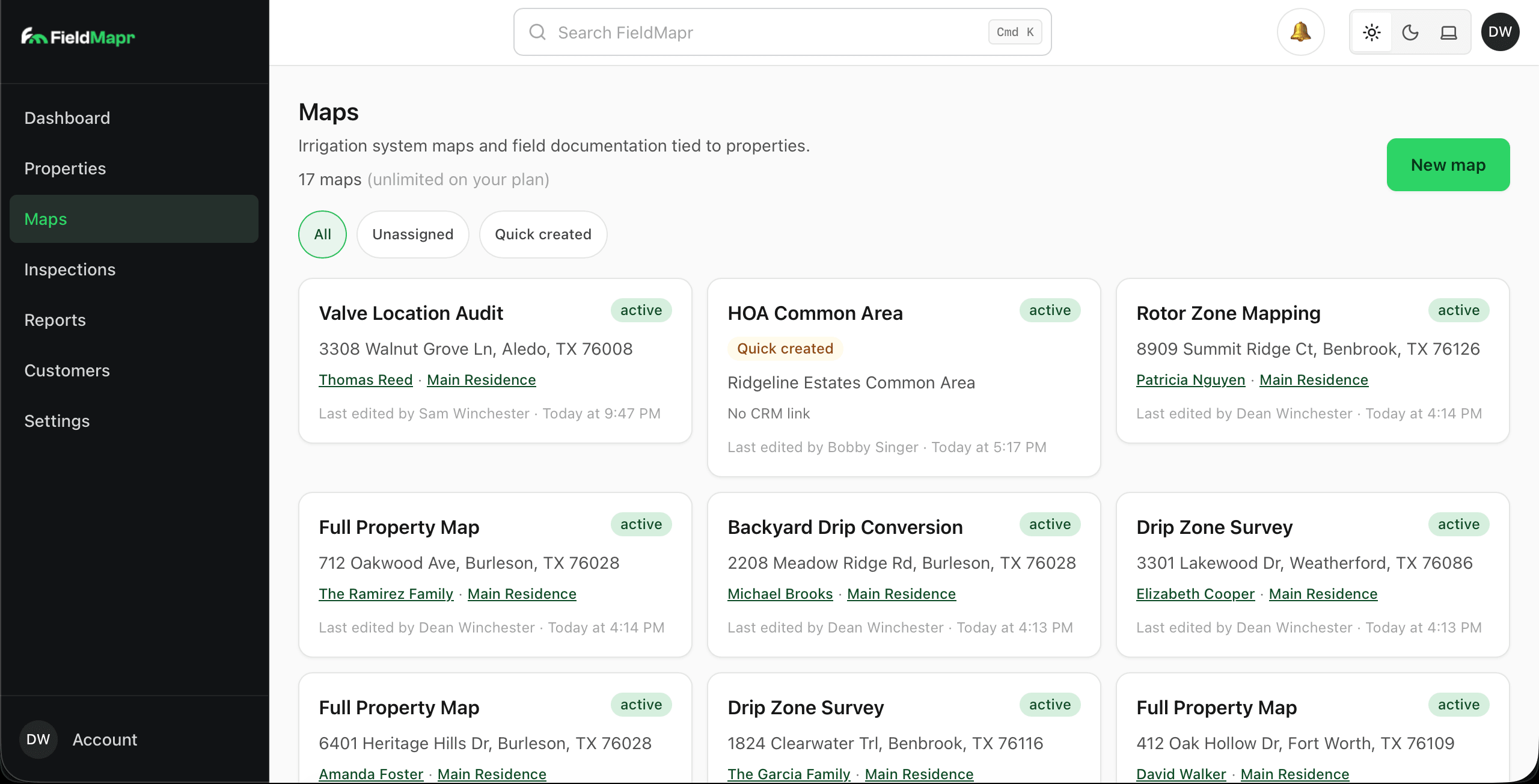 FieldMapr maps library listing irrigation system maps linked to properties and customers