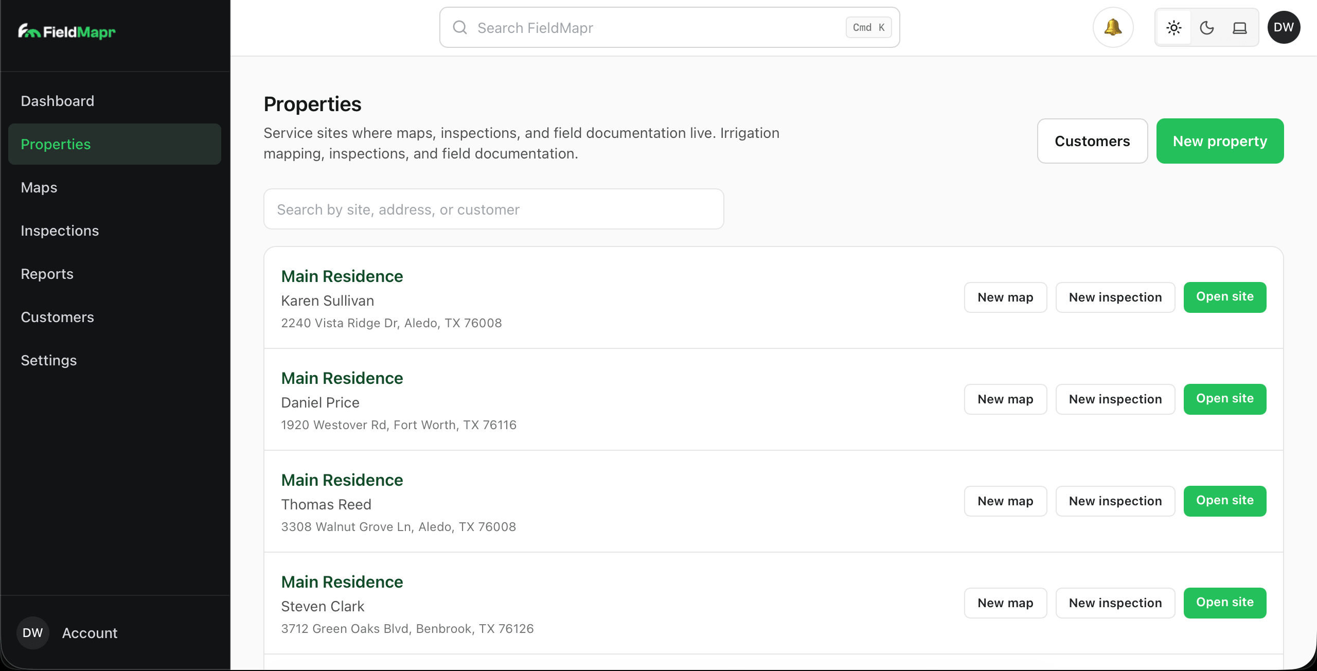 FieldMapr properties list showing service sites with customer names, addresses, and quick actions for new maps and inspections
